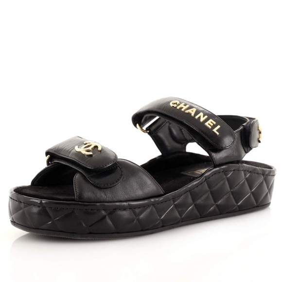 CHANEL Shiny Calfskin Logo Platform Sandals - Picture 1 of 6